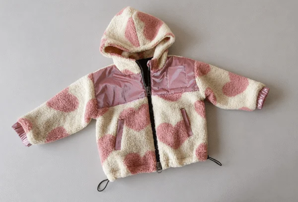 Vaikiška teddy striukė – su rožinėmis širdutėmis, rožinėmis striukinio audinio detalės – SANDRÉ