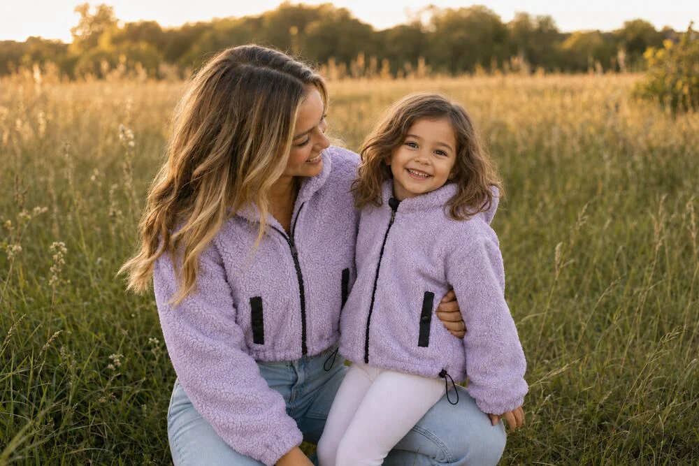 Mama ir mergaitė vilki alyvines SANDRÉ teddy striukes